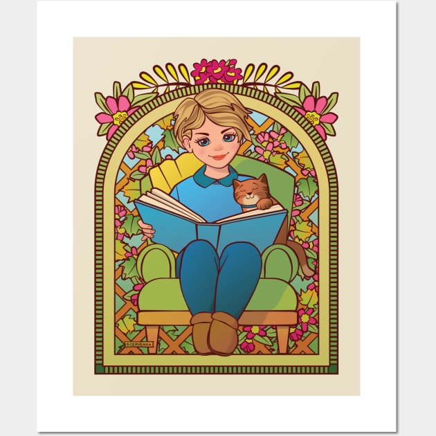 Blonde Girl Reading to Cat Wall Art by Sue Cervenka